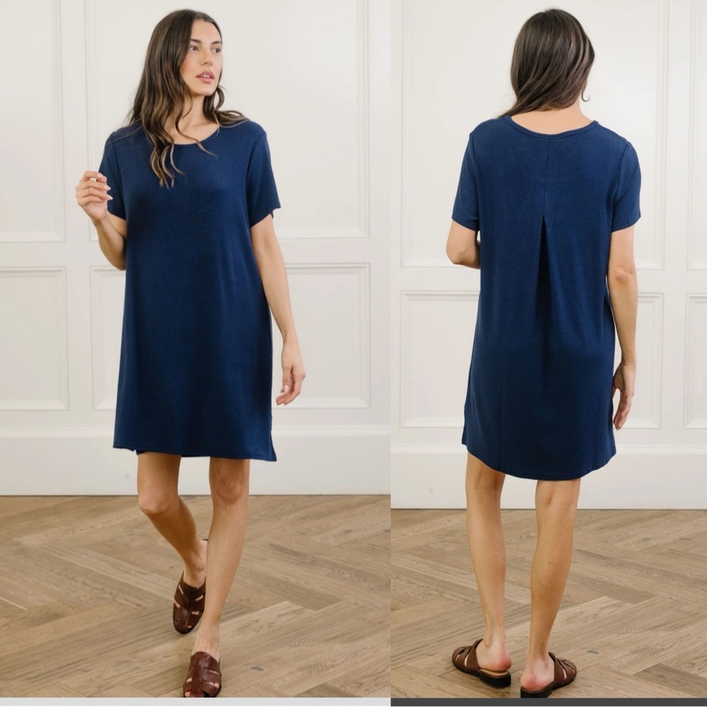 Cozy Earth‎ Women Bamboo Rib-Knit Boyfriend Sleep Dress Navy Blue XL *TINY FLAW